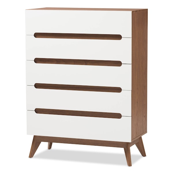 Baxton Studio Calypso Mid-Century White and Walnut Wood 5-Drawer Storage Chest 137-7501 - main